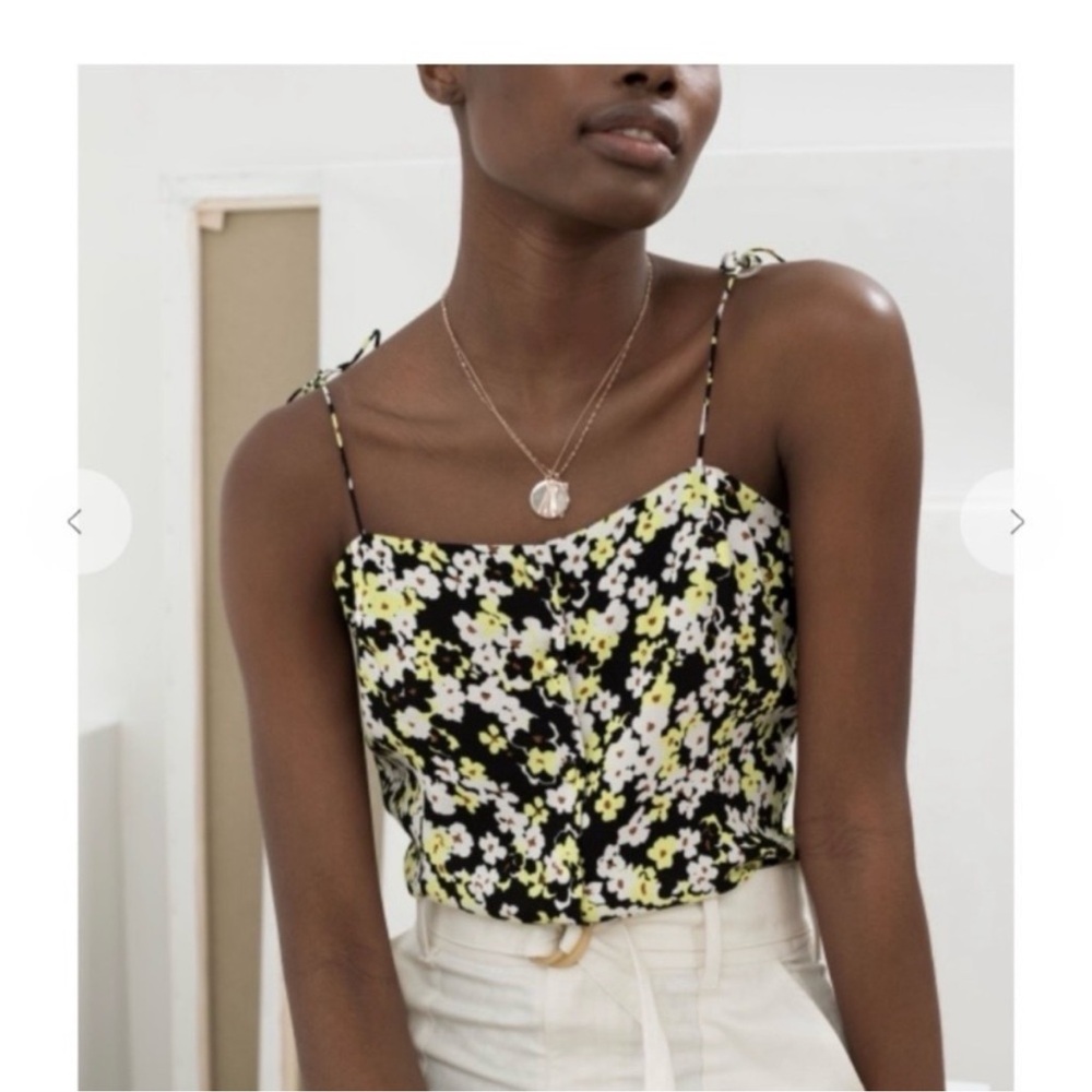 & Other Stories Black Floral Tie-Shoulder Cami with Yellow and White Accents